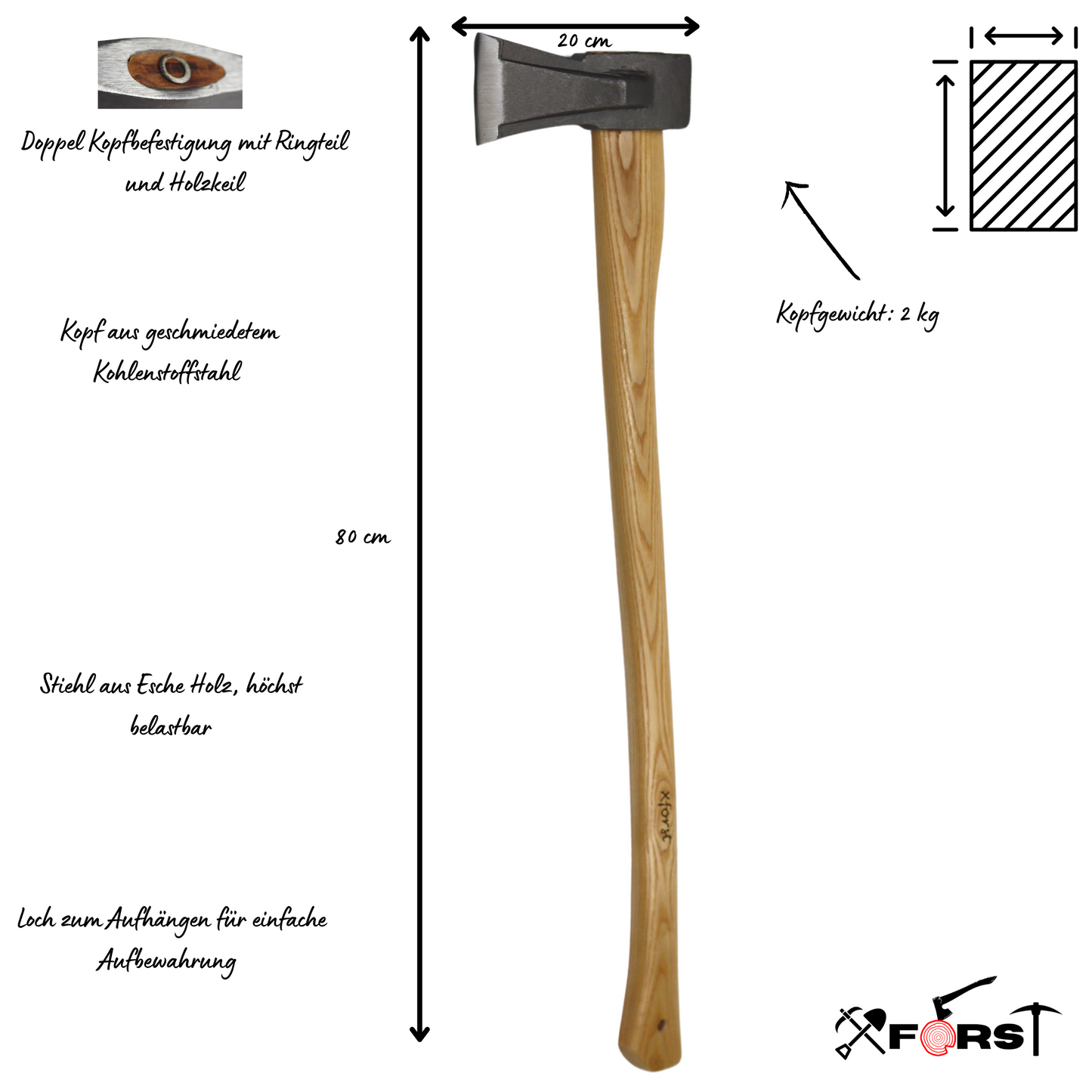 Xforst Set de Haches : Hache de Fendage X-SA2 (80 cm, 2,6 kg, manche en bois de frêne) & Hache Universelle X-UW800C (manche en Hickory) avec étuis inclus