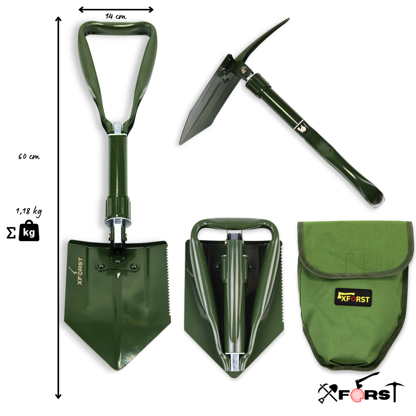 Xforst Set : Pelle Pliante KS1 Green & Couteau de Survie X-K9.4 – Le Duo Parfait pour Camping, Survie et Outdoor