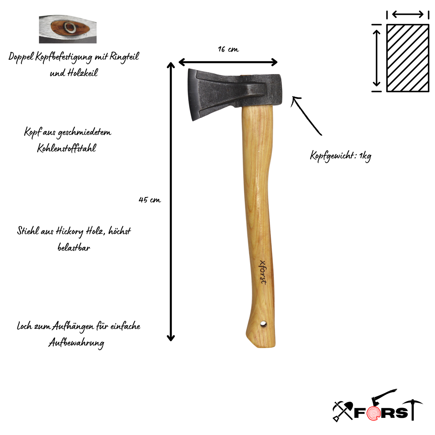 Hache de Fendage X-SA1 avec Manche en Bois Americain de Hickory 1,3 Kg. Étui inclus